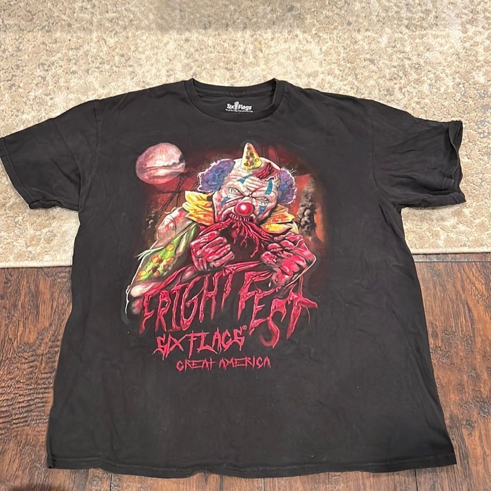 FRIGHT FEST SIX FLAGS Great America scary clown graphic Tee size L EUC